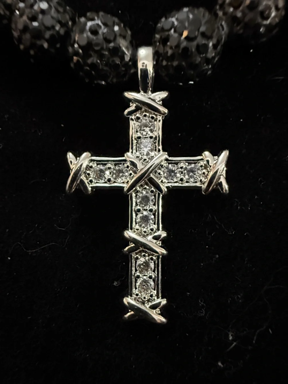 Stainless steel Cross Pendant Necklace with Black and‎ White Crystal Beads
